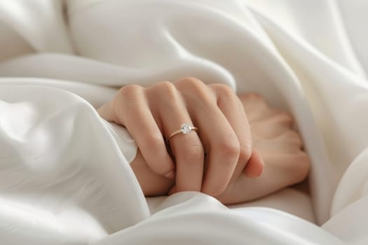 Elegant woman s hand adorned with diamond ring on white background for text placement