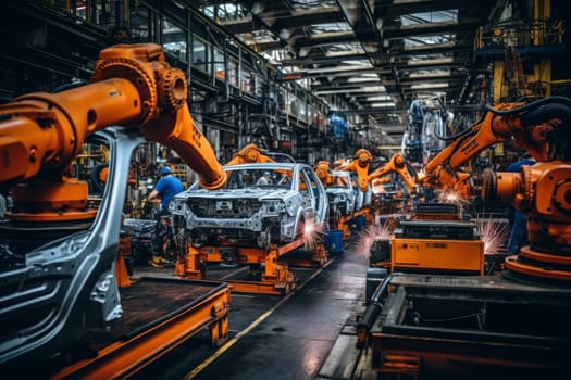 High def image ai controlled robotic assembly line from engineer s view in bright plant