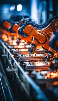 High res image of ai controlled robotic assembly in bright manufacturing plant, engineer s view