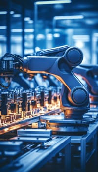Ai controlled robotic assembly line in manufacturing plant precision production viewed by engineer