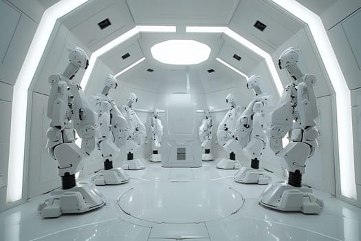 Ai robotic arms care for infants in modern factory, supervised by nurse in bright room