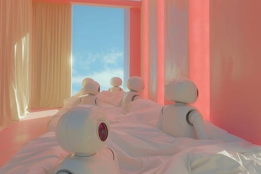 Futuristic nursery robots caring for babies in empty hospital room, creating unique atmosphere