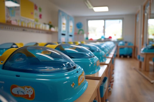 Futuristic nursery robots caring for babies in empty hospital room, creating unique atmosphere