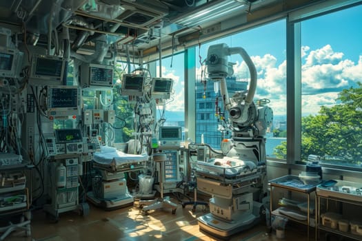 Futuristic nursery robots caring for babies in empty hospital, creating modern ambiance