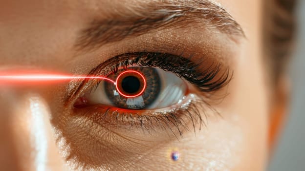 Close up of human eye with red laser beam for eye surgery on white background, space for text
