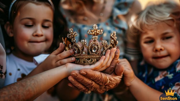 Senior woman giving crown to child in close up on white background, symbolic gesture