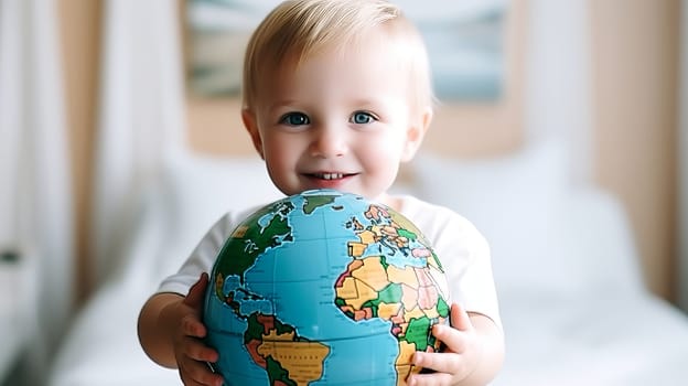 Happy child with earth planet, white background ideal for eco friendly concepts and text overlay