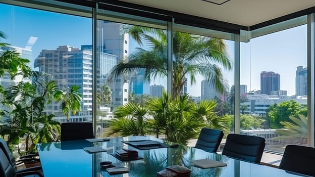 Contemporary spacious conference room with large glass windows in office setting