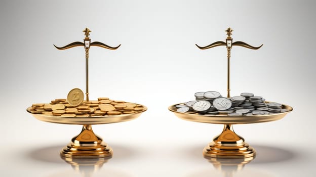 Golden scales with money in balance on white background