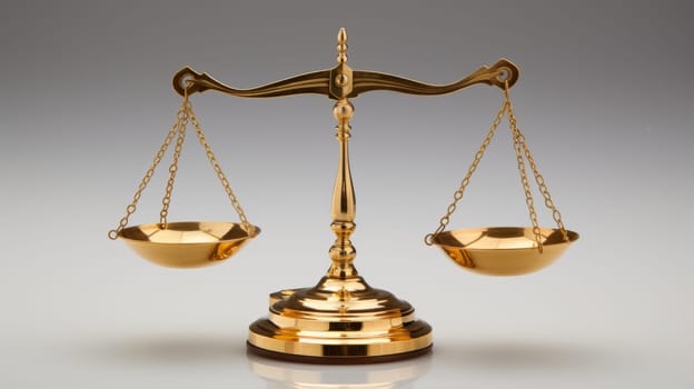 Golden scales balancing money and uncertainty on a white background