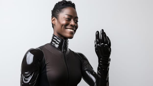 Portrait of happy african american woman with artificial hand on white background