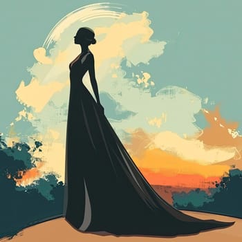 The elegant silhouette of a woman in a flowing gown stands gracefully, framed by a stunning sunset with colorful clouds and a serene landscape.