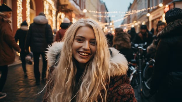 Happy blond woman is in town Christmas fair