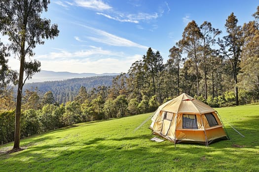 A vibrant orange yurt is surrounded by lush greenery and towering trees, offering stunning views of the mountains under a partly cloudy sky.