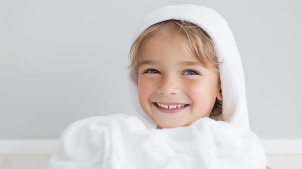 Smiling child after shower in close up against white backdrop