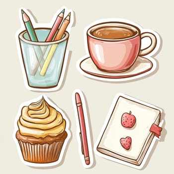Colorful pencils in a glass, a steaming coffee cup, a delicious cupcake, and an open notebook with strawberries create an inviting workspace atmosphere.