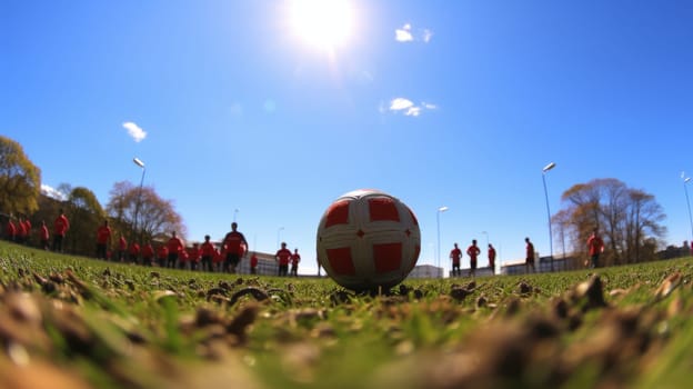 Youth soccer team in action under sun, low angle, ball approaching on green field