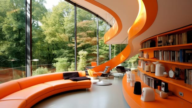 Vibrant modern living room with abundant natural light and a colorful contemporary design