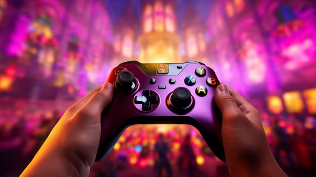 Close up of woman hand playing video games with joystick, space for text, gaming concept