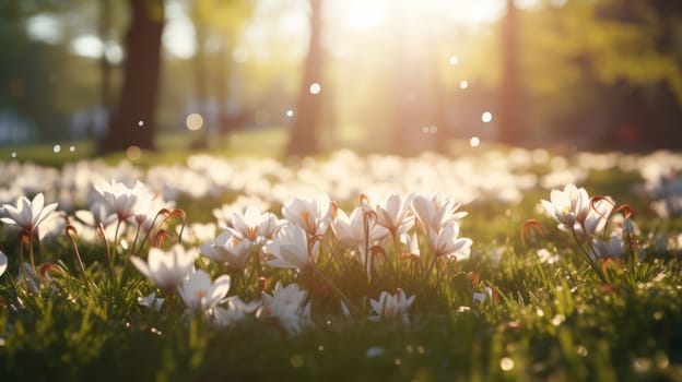 Scenic view of lush spring meadows in the gentle glow of sunlight for a captivating picture