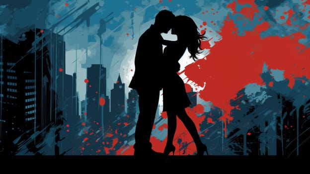 Romantic couple kissing in urban city setting, beautiful colorful illustration