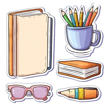 Various school supplies are displayed, including an empty notebook, a colorful mug filled with pencils, a pair of pink sunglasses, and an orange book. The items are arranged attractively.