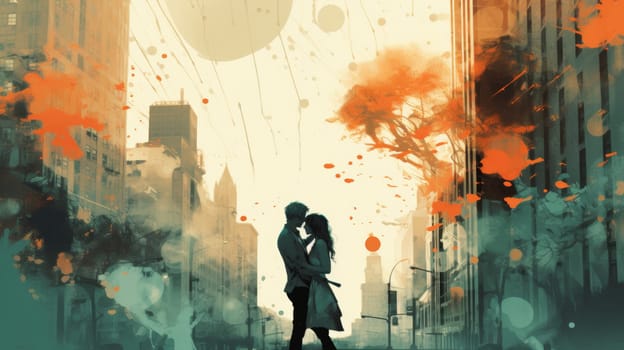 Romantic couple in urban city, colorful illustration of lovely moment