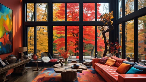 Modern living room with vibrant colors and natural light for a welcoming contemporary ambiance