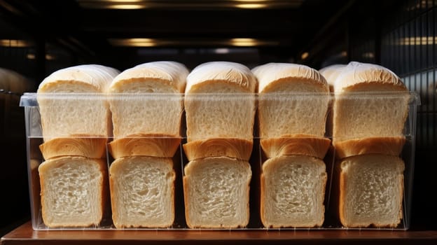 Freshly baked white bread on display in a bright store without customers, creating a warm ambiance