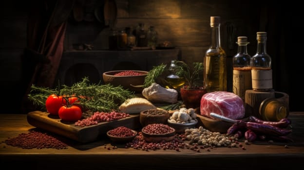 Raw roast beef with spices on white banner for culinary presentation and seasoning demonstration