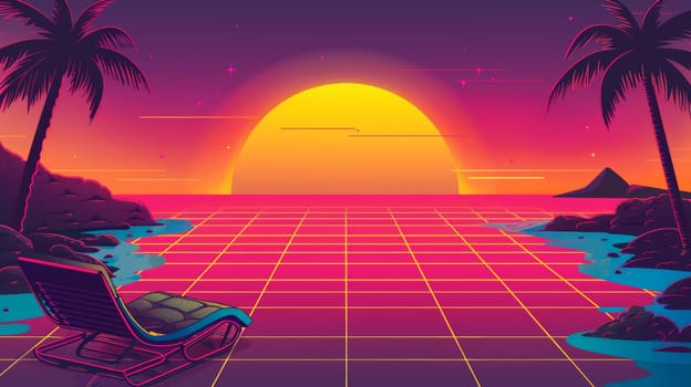 Vibrant neon 80s sunset with palm trees, featuring vivid orange, yellow, purple, and blue hues