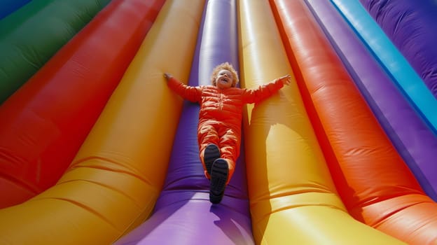 Cheerful kid having a great time playing on vibrant and colorful inflatable slides at a playground