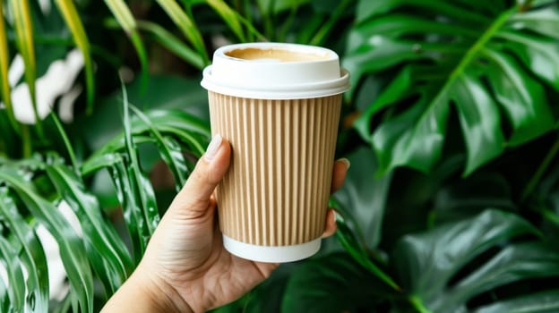 Person Holding Disposable Coffee Cup Surrounded By Lush Greenery, Promoting Sustainability