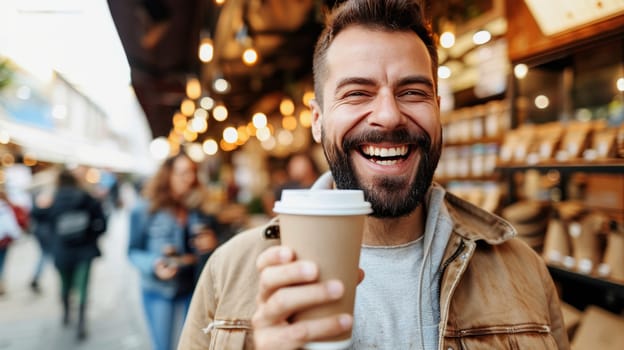 Man Smiling With Takeaway Coffee Cup In City Street Market, Street Food and Coffee Break Concept