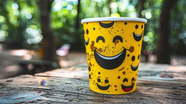 Close Up of Vibrant Emoticon Cup, Cheerful Drinkware Against Natural Green Woodland Setting
