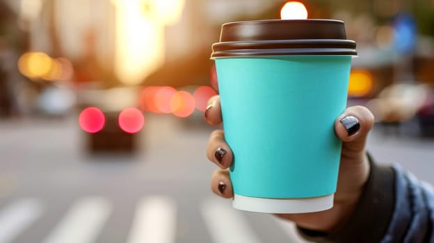 Womans Hand with Dark Nail Polish Holds Teal To-Go Coffee Cup, Blurred City Street Background