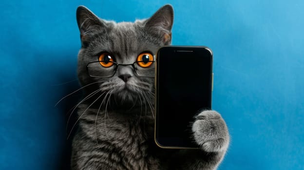 Serious Gray Cat with Glasses Holds a Smartphone with a Blank Screen on a Blue Background