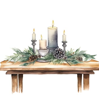 A charming setup features three lit candles surrounded by pinecones and fresh greenery on a rustic wooden table, creating a warm and inviting atmosphere.