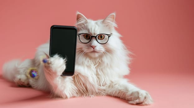 White Fluffy Cat Wearing Glasses Holds Smartphone with Blank Screen on Pink Background