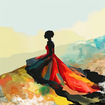 A woman in a flowing, brightly colored dress sits gracefully on a hillside, surrounded by an abstract landscape under a calm, pastel sky at sunset.