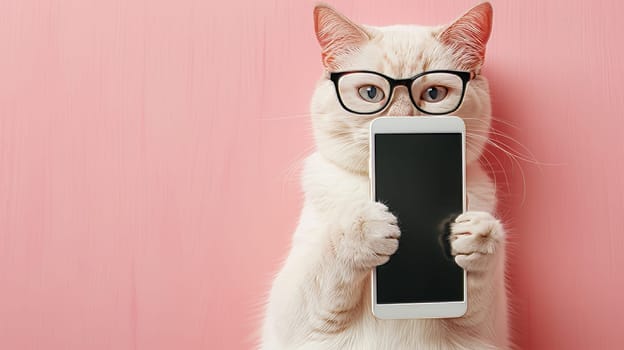 White Cat Wearing Glasses Holding Smartphone, Pink Background, Vertical, Pet, Technology