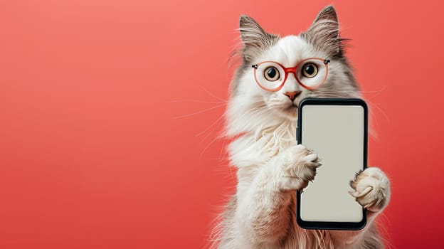 Adorable Fluffy Cat with Pink Glasses Presents Blank Smartphone Screen on Vibrant Red Background