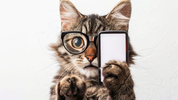 Curious Cat in Glasses Peeking at Smartphone Adorable Close-up Portrait on White Background