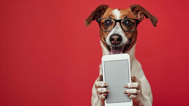 Adorable Dog Wearing Glasses Holds Blank Tablet, Isolated on Red Background With Copy Space