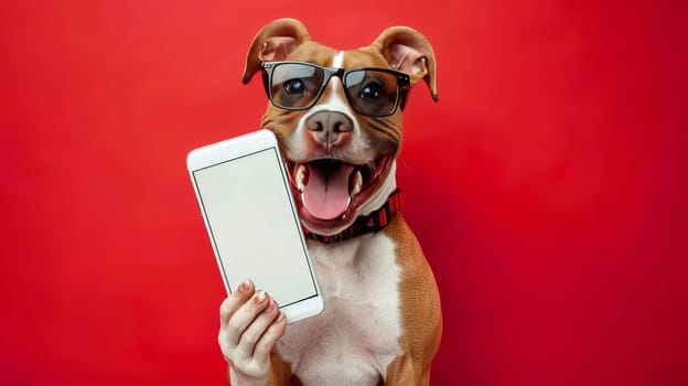 Happy Dog with Sunglasses Presenting Smartphone, Advertising Template on Red Background