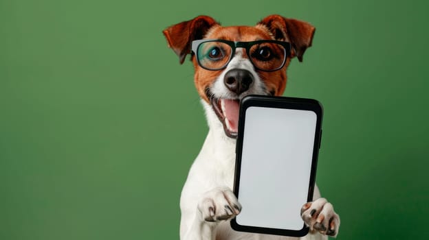 Smiling Dog with Eyeglasses Holds Smartphone with Blank White Screen, Isolated on Green Background