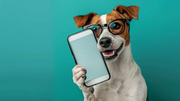 Smiling Dog Wearing Eyeglasses Holds Smartphone Against Turquoise Background in Studio Shot