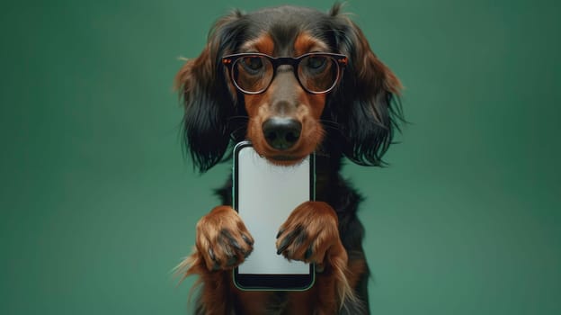 Portrait of Adorable Dog with Eyeglasses Holding Smartphone with Blank Screen, on Green Background