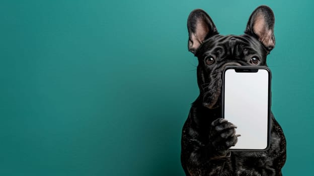 Curious French Bulldog Holding a Smartphone with Blank Screen against a Vibrant Green Backdrop