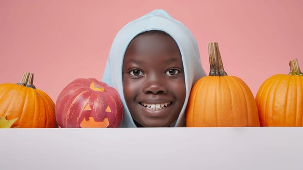 Smiling Black Kid in Hood Peeking Over Pumpkins Against Pink, Halloween Portrait with Copy Space